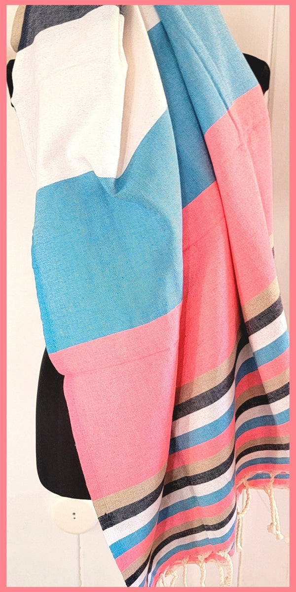 Turkish Towel / Sarong / Beach Towel - Pink Blue Multi Stripe - Leila Jewels