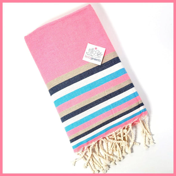 Turkish Towel / Sarong / Beach Towel - Pink Blue Multi Stripe - Leila Jewels