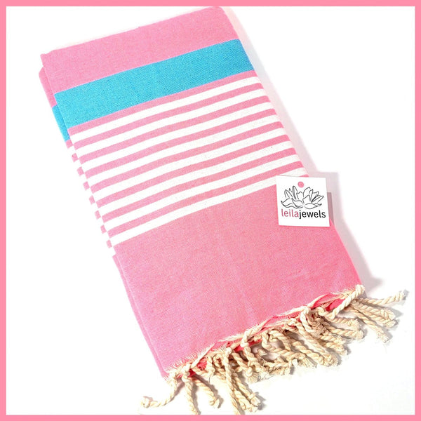 Turkish Towel / Sarong / Beach Towel - Pink Blue - Leila Jewels