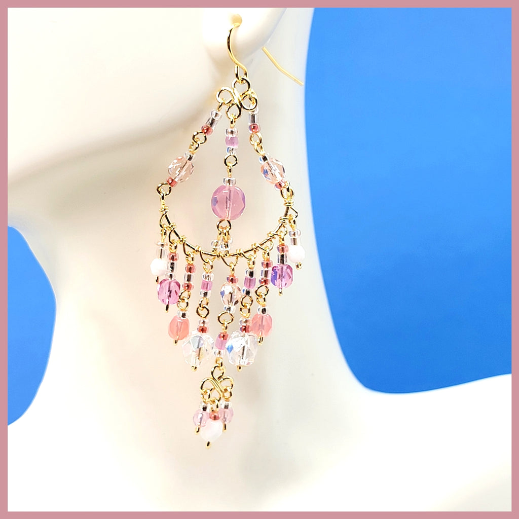 Handmade Beaded Chandelier Earrings - Pink Pastel - Leila Jewels