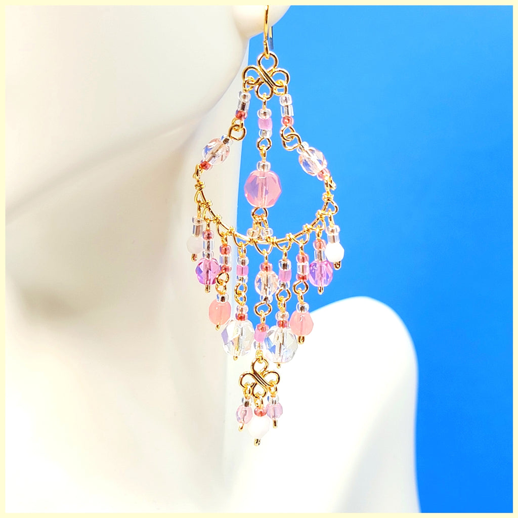 Handmade Beaded Chandelier Earrings - Pink Pastel - Leila Jewels