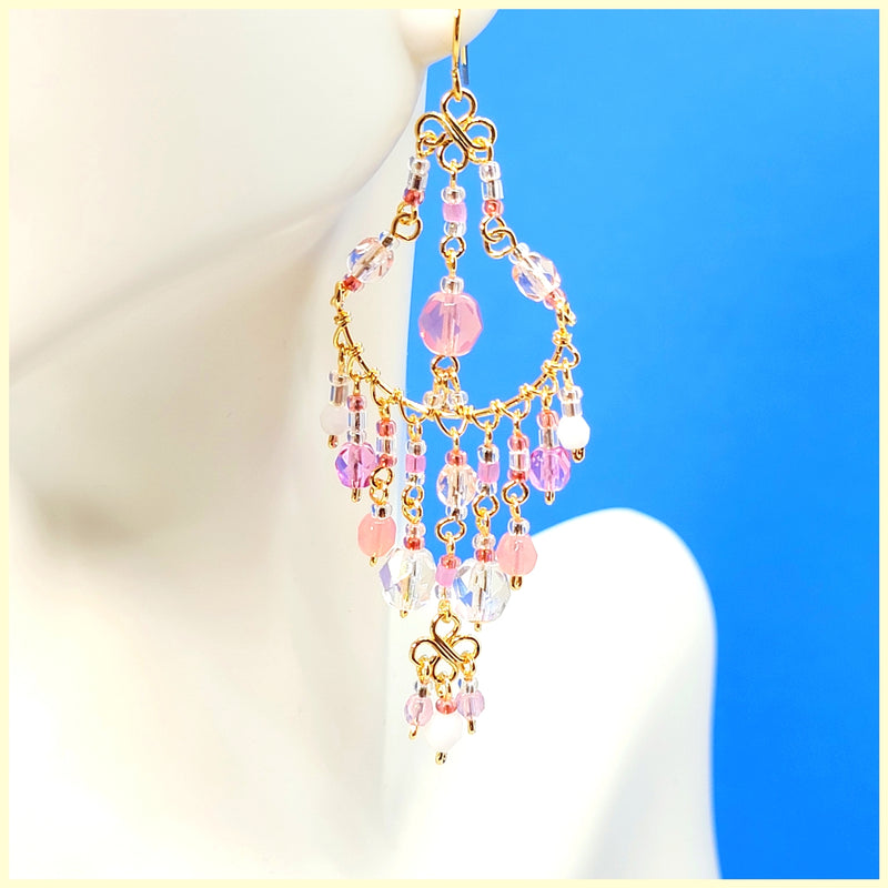 Handmade Beaded Chandelier Earrings - Pink Pastel - Leila Jewels