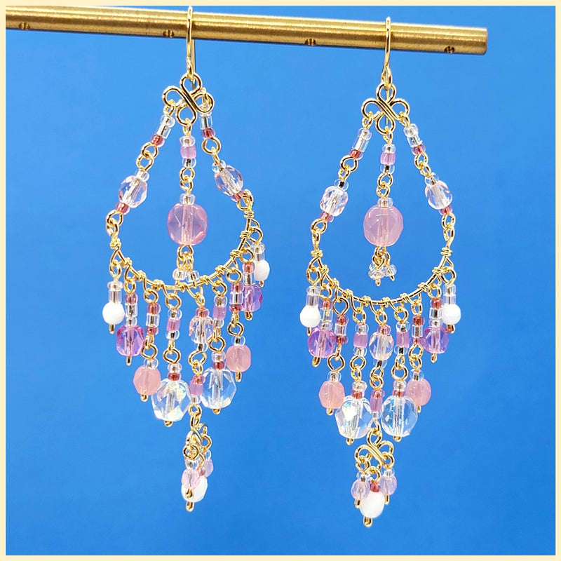 Handmade Beaded Chandelier Earrings - Pink Pastel - Leila Jewels
