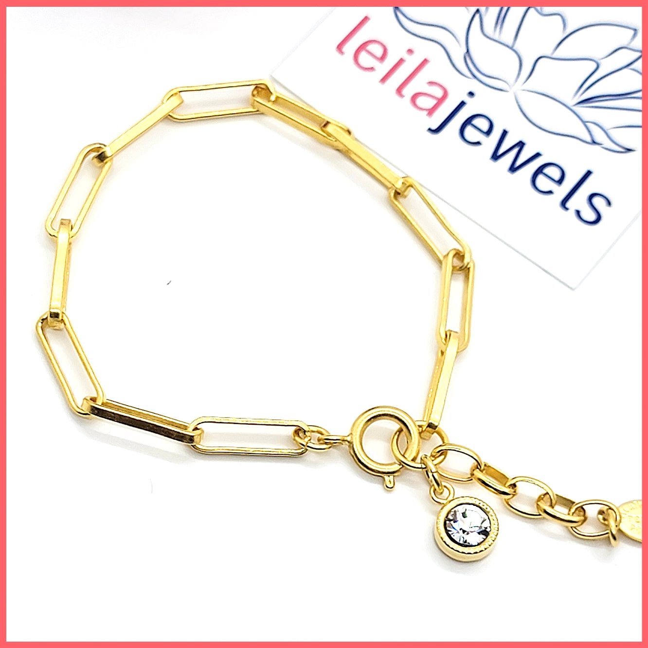 Paperclip Chain Bracelet with Crystal Charm - Leila Jewels