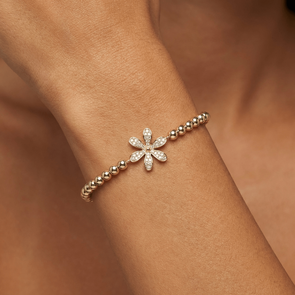 Beaded Stretch Bracelet with Pavé Flower - Leila Jewels