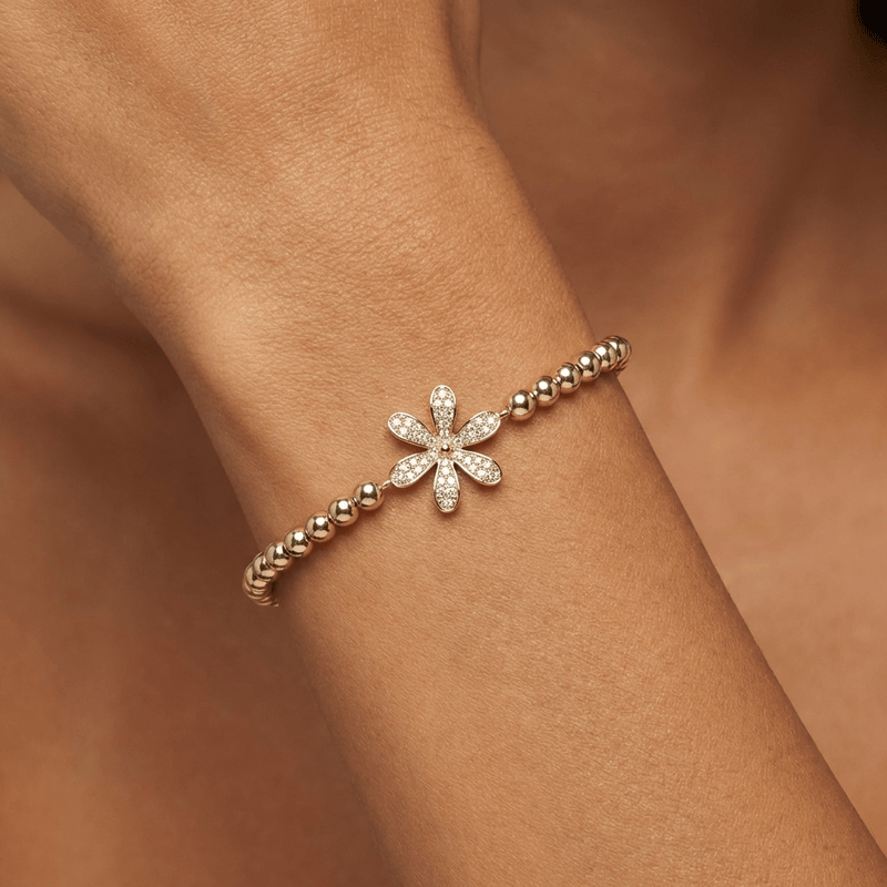 Beaded Stretch Bracelet with Pavé Flower - Leila Jewels