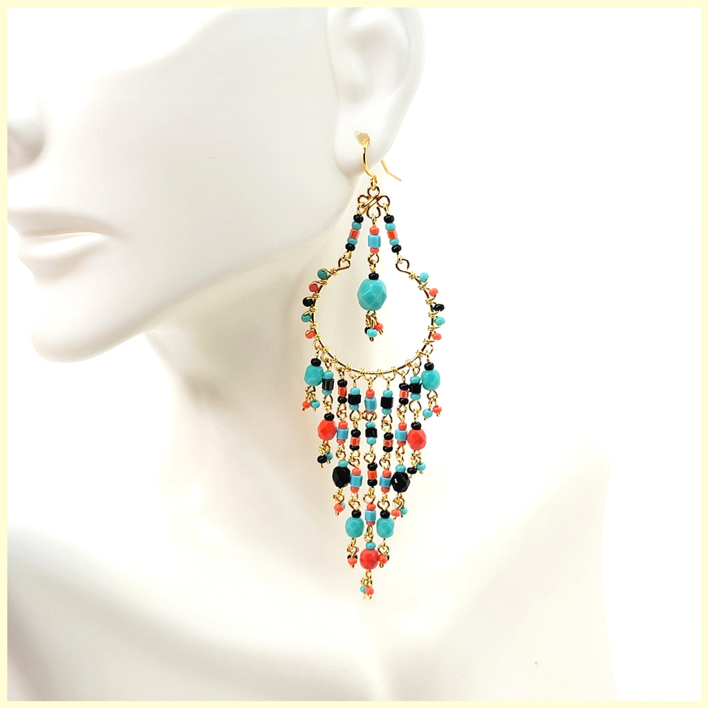 Handmade Beaded Chandelier Earrings - Turquoise Drop - Leila Jewels