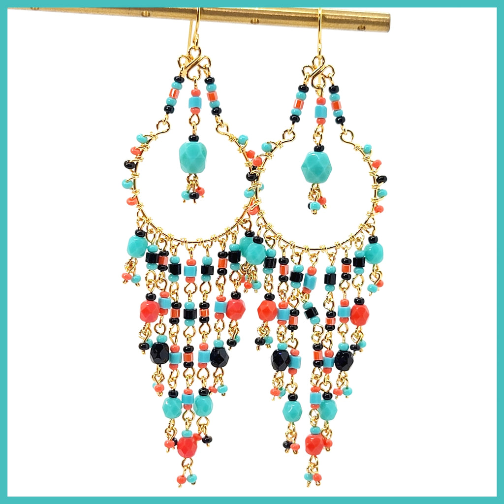 Handmade Beaded Chandelier Earrings - Turquoise Drop - Leila Jewels