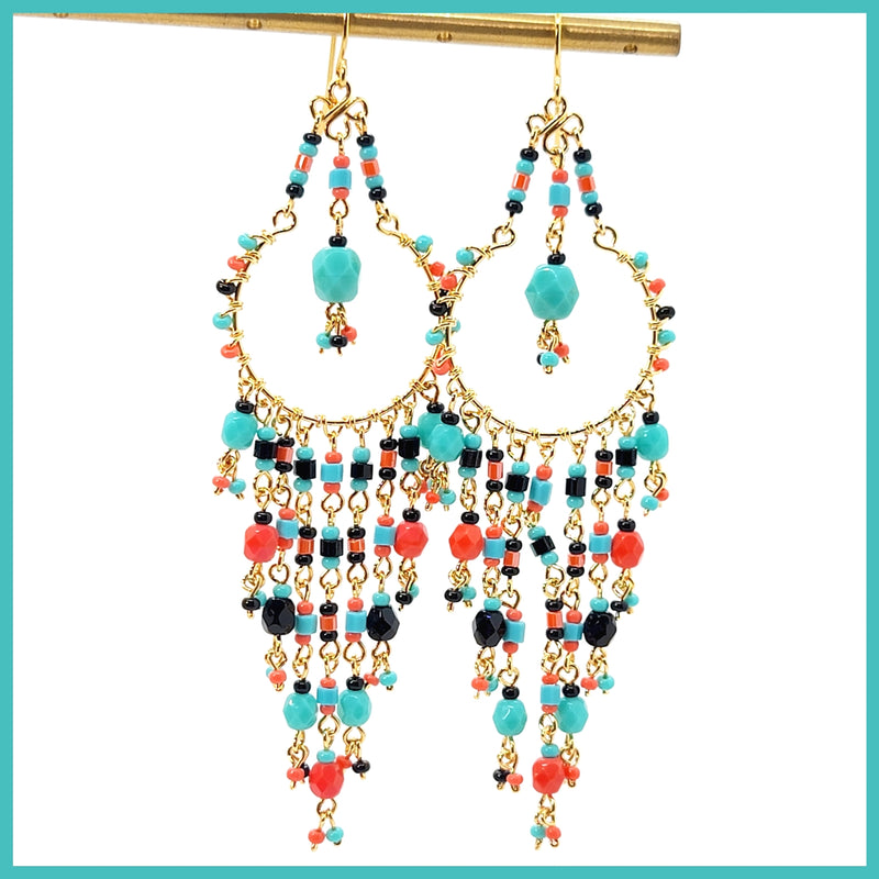 Handmade Beaded Chandelier Earrings - Turquoise Drop - Leila Jewels