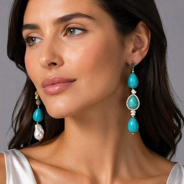 Turquoise and Baroque Pearl Mismatched Drop Earrings - Leila Jewels