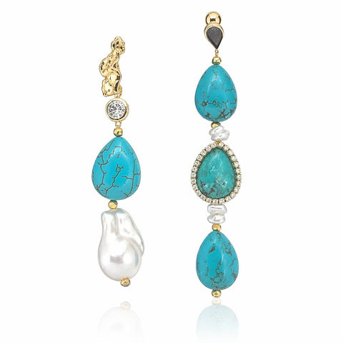 Turquoise and Baroque Pearl Mismatched Drop Earrings - Leila Jewels