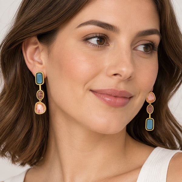 Mismatched Glass Drop Earrings in Gold - Leila Jewels