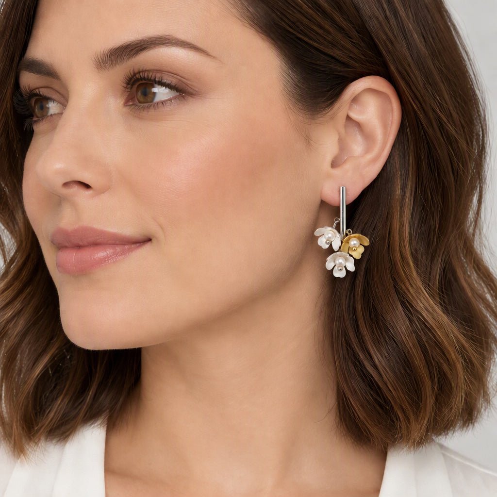 Gold and Silver Dangling Flower Earrings with Pearls - Leila Jewels