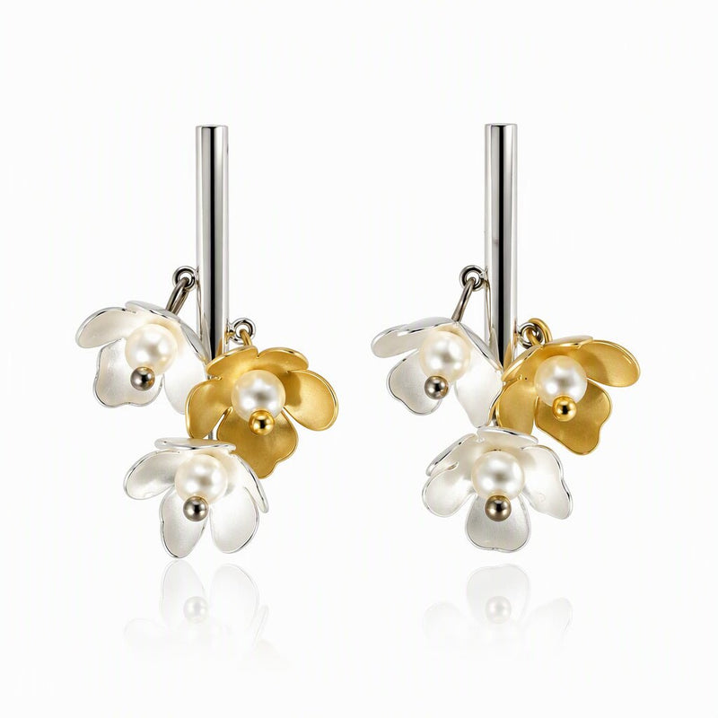 Gold and Silver Dangling Flower Earrings with Pearls - Leila Jewels