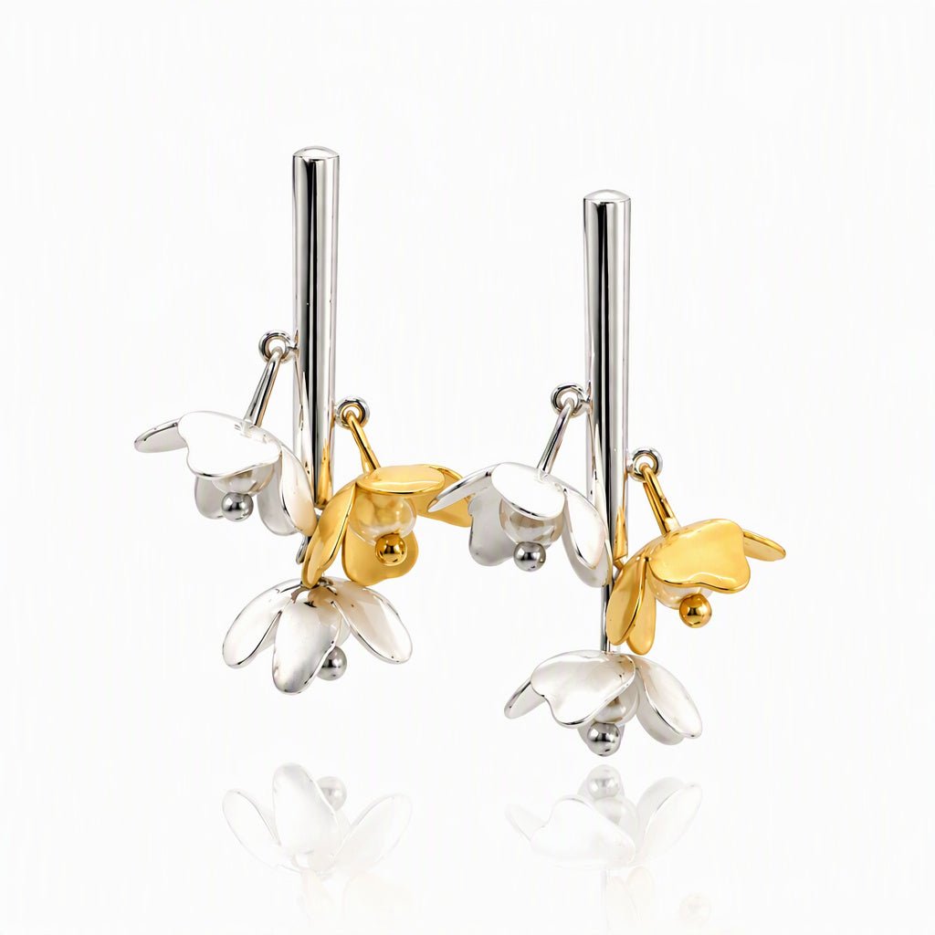 Gold and Silver Dangling Flower Earrings with Pearls - Leila Jewels