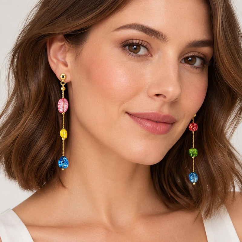 Colorful Mismatched Glass Bead Drop Earrings in Gold - Leila Jewels