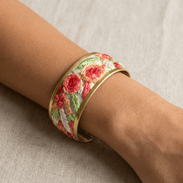 Cottage Floral Embroidered Cuff Bracelet - Leila Jewels