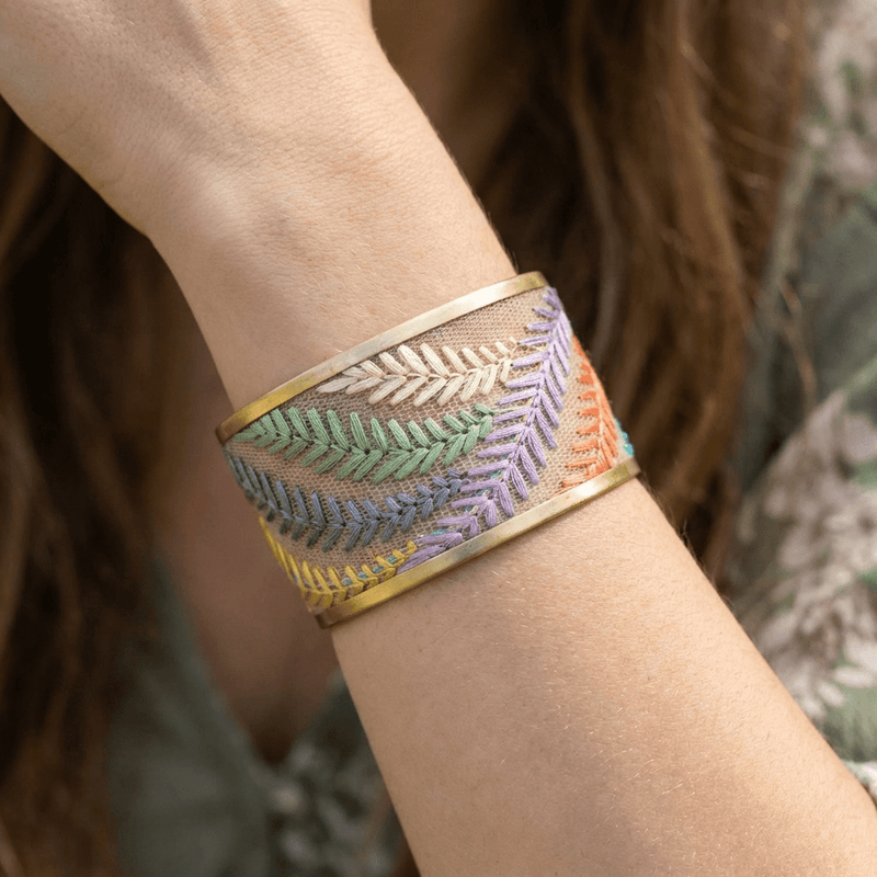 Pastel Ferns Embroidered Cuff Bracelet - Leila Jewels