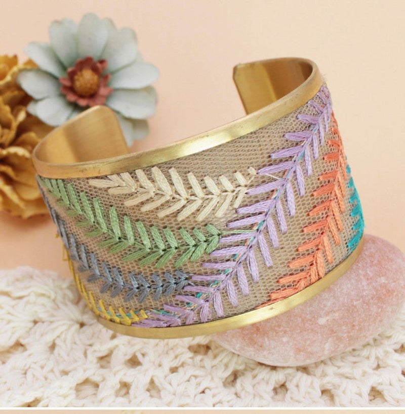 Pastel Ferns Embroidered Cuff Bracelet - Leila Jewels