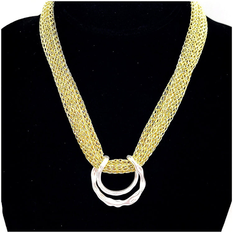 Woven Golden Thread Necklace with Matte Silver Pendant - Leila Jewels