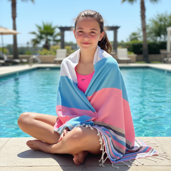 Turkish Towel / Sarong / Beach Towel - Pink Blue Multi Stripe - Leila Jewels